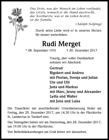 Anzeige von Rudi Merget von Kölner Stadt-Anzeiger / Kölnische Rundschau / Express
