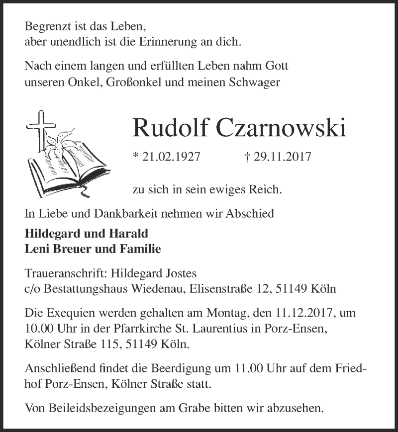  Traueranzeige für Rudolf Czarnowski vom 06.12.2017 aus  Kölner Wochenspiegel 