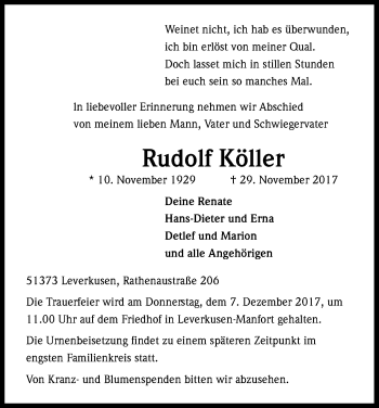 Anzeige von Rudolf Köller von Kölner Stadt-Anzeiger / Kölnische Rundschau / Express