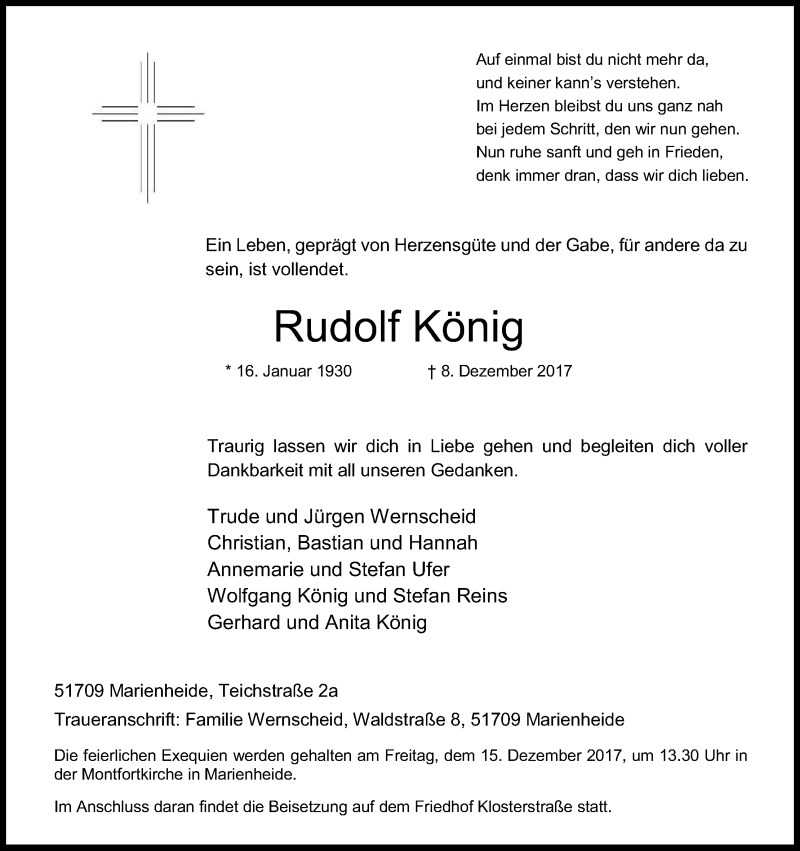  Traueranzeige für Rudolf König vom 12.12.2017 aus Kölner Stadt-Anzeiger / Kölnische Rundschau / Express