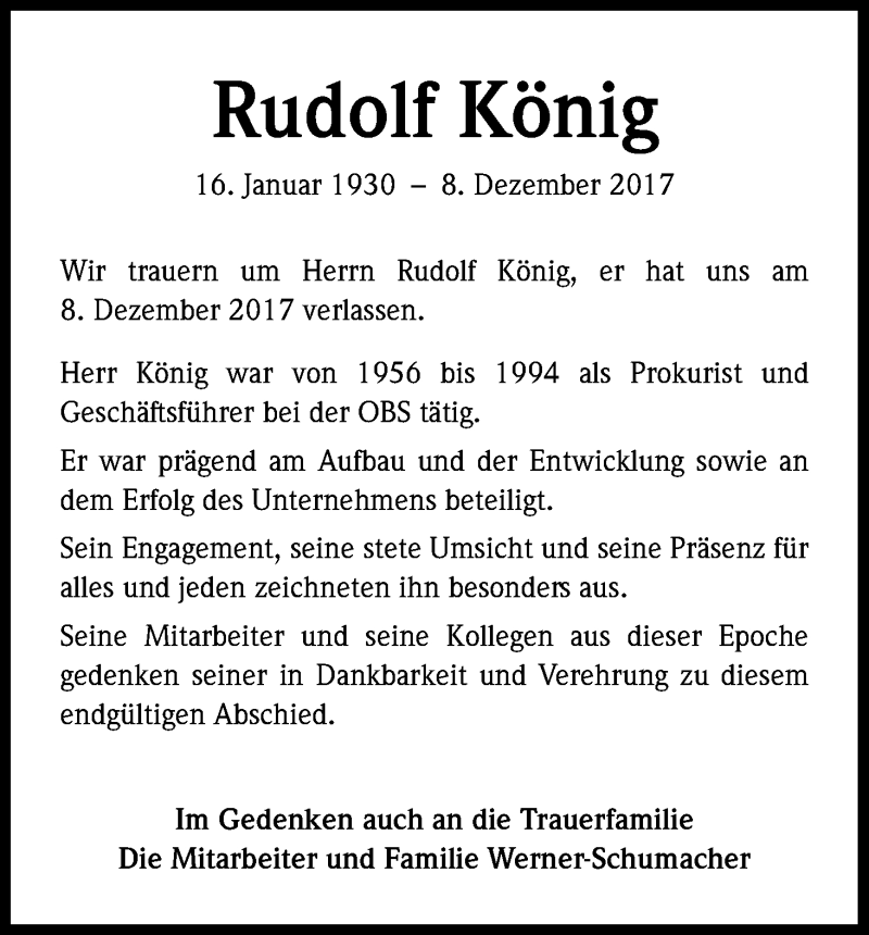  Traueranzeige für Rudolf König vom 16.12.2017 aus Kölner Stadt-Anzeiger / Kölnische Rundschau / Express