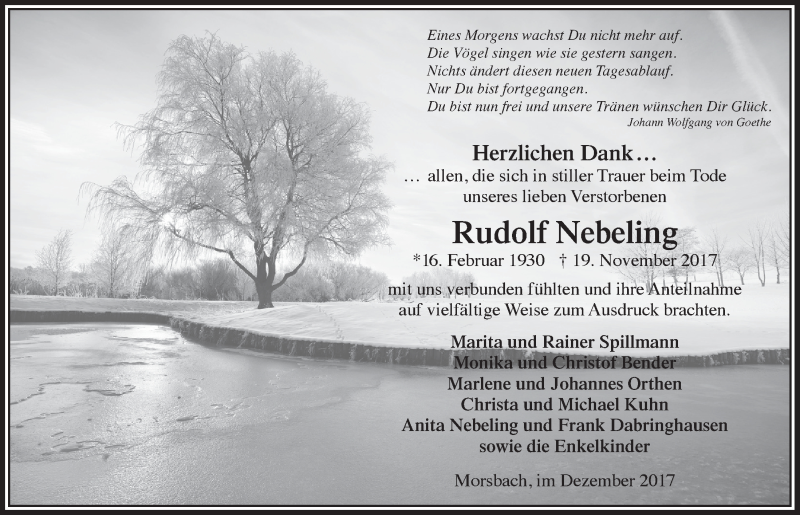  Traueranzeige für Rudolf Nebeling vom 20.12.2017 aus  Lokalanzeiger 