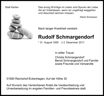 Anzeige von Rudolf Schmargendorf von Kölner Stadt-Anzeiger / Kölnische Rundschau / Express