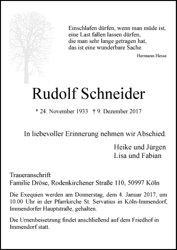 Anzeige von Rudolf Schneider von  Kölner Wochenspiegel 