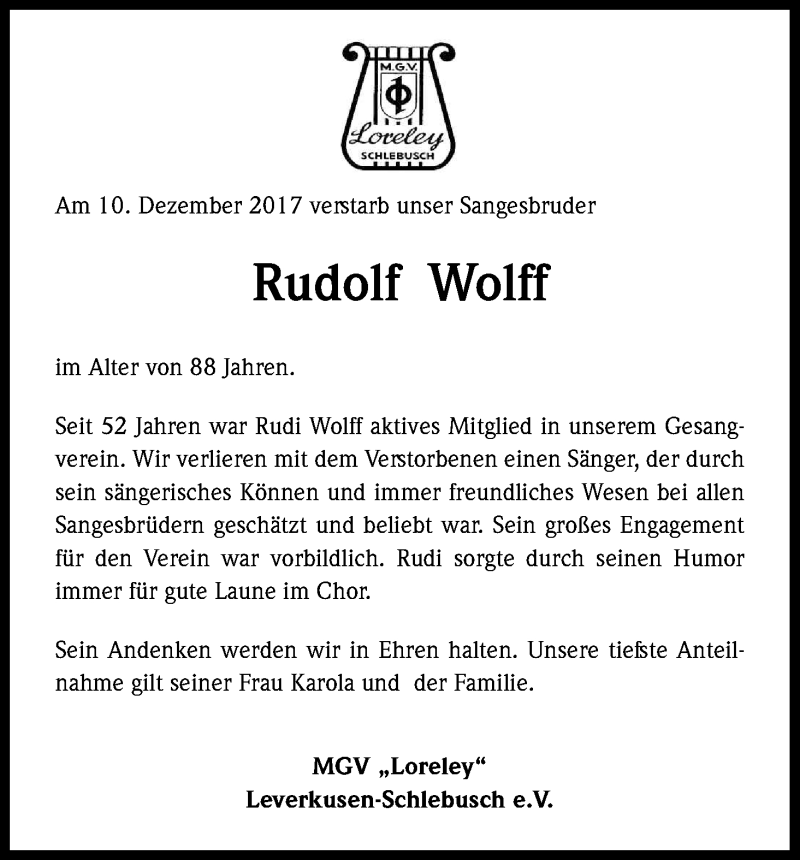  Traueranzeige für Rudolf Wolff vom 19.12.2017 aus Kölner Stadt-Anzeiger / Kölnische Rundschau / Express