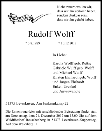 Anzeige von Rudolf Wolff von Kölner Stadt-Anzeiger / Kölnische Rundschau / Express