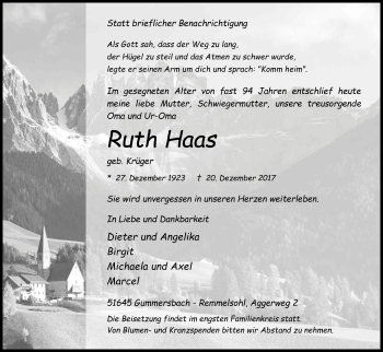 Anzeige von Ruth Haas von Kölner Stadt-Anzeiger / Kölnische Rundschau / Express
