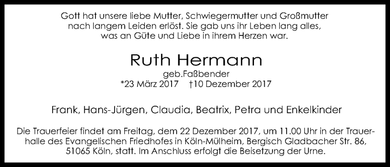  Traueranzeige für Ruth Hermann vom 16.12.2017 aus Kölner Stadt-Anzeiger / Kölnische Rundschau / Express