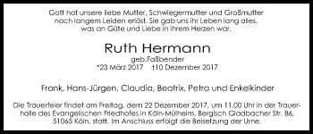 Anzeige von Ruth Hermann von Kölner Stadt-Anzeiger / Kölnische Rundschau / Express