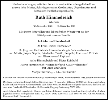 Anzeige von Ruth Himmelreich von Kölner Stadt-Anzeiger / Kölnische Rundschau / Express