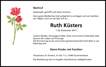 Anzeige von Ruth Küsters von Kölner Stadt-Anzeiger / Kölnische Rundschau / Express