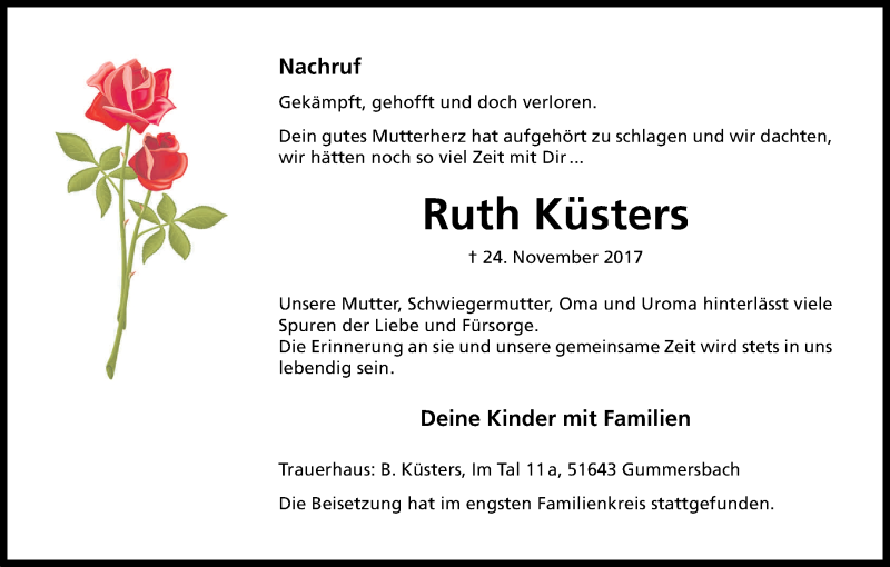  Traueranzeige für Ruth Küsters vom 09.12.2017 aus Kölner Stadt-Anzeiger / Kölnische Rundschau / Express