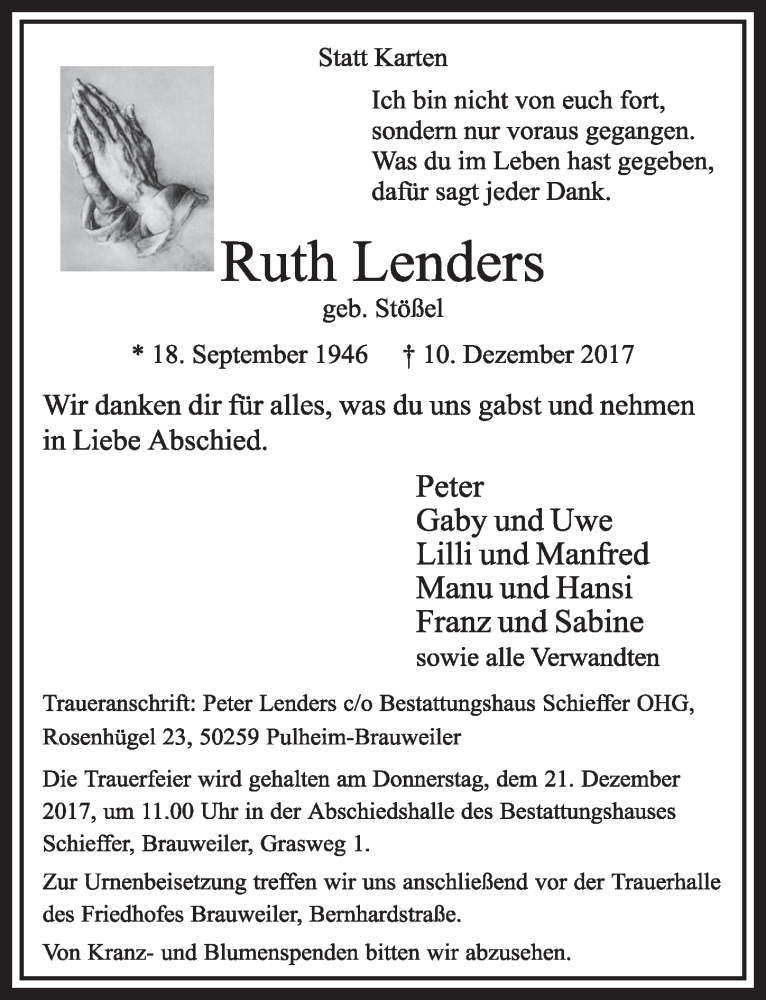  Traueranzeige für Ruth Lenders vom 16.12.2017 aus  Sonntags-Post 