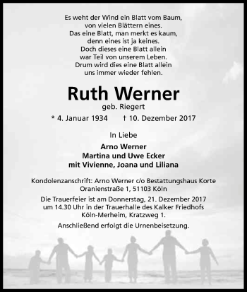 Anzeige von Ruth Werner von Kölner Stadt-Anzeiger / Kölnische Rundschau / Express