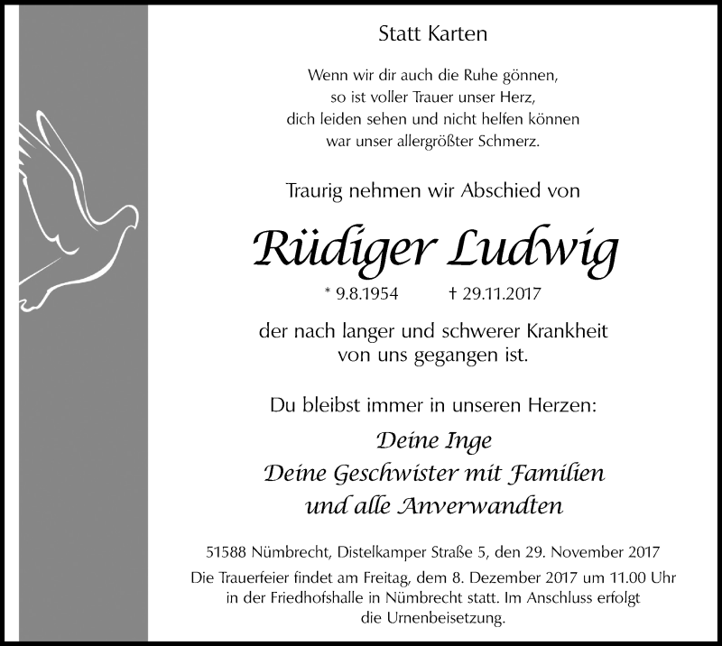  Traueranzeige für Rüdiger ludwig vom 06.12.2017 aus  Lokalanzeiger 