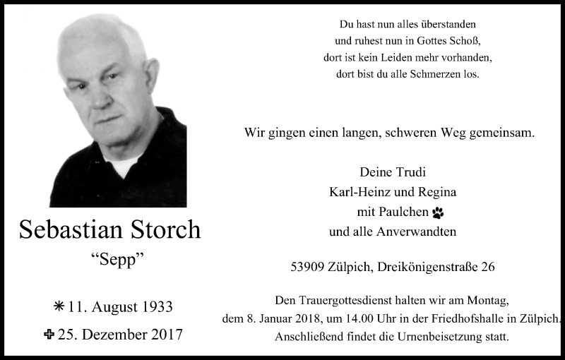  Traueranzeige für Sebastian Storch vom 30.12.2017 aus Kölner Stadt-Anzeiger / Kölnische Rundschau / Express