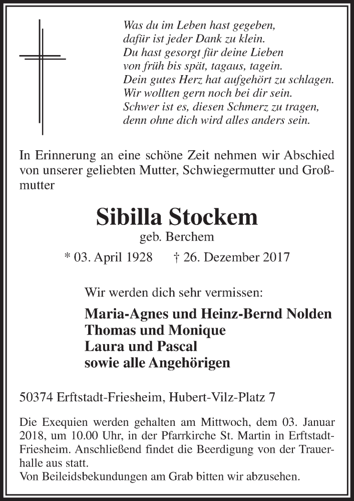  Traueranzeige für Sibilla Stockem vom 30.12.2017 aus  Sonntags-Post 