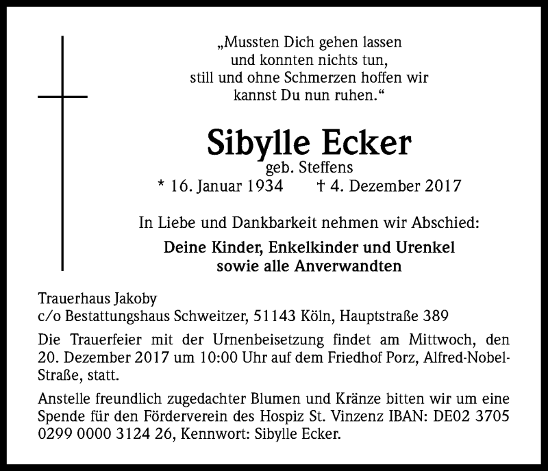  Traueranzeige für Sibylle Ecker vom 09.12.2017 aus Kölner Stadt-Anzeiger / Kölnische Rundschau / Express