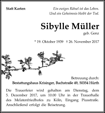 Anzeige von Sibylle Müller von Kölner Stadt-Anzeiger / Kölnische Rundschau / Express
