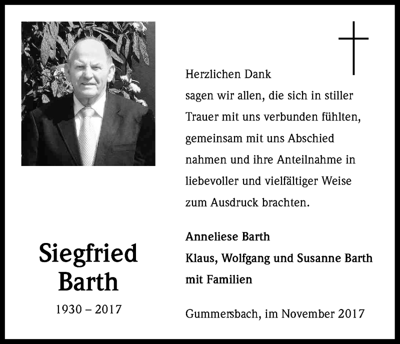  Traueranzeige für Siegfried Barth vom 09.12.2017 aus Kölner Stadt-Anzeiger / Kölnische Rundschau / Express