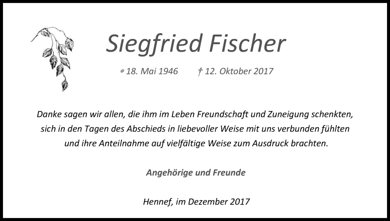  Traueranzeige für Siegfried Fischer vom 15.12.2017 aus Kölner Stadt-Anzeiger / Kölnische Rundschau / Express
