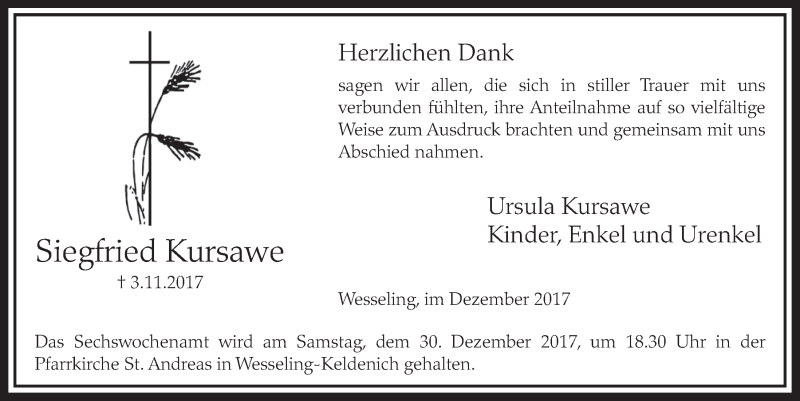  Traueranzeige für Siegfried Kursawe vom 13.12.2017 aus  Schlossbote/Werbekurier 