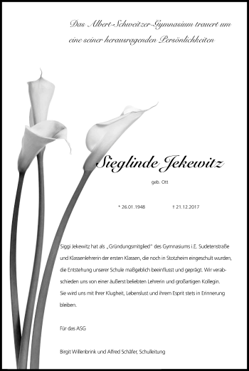Anzeige von Sieglinde Jekewitz von Kölner Stadt-Anzeiger / Kölnische Rundschau / Express