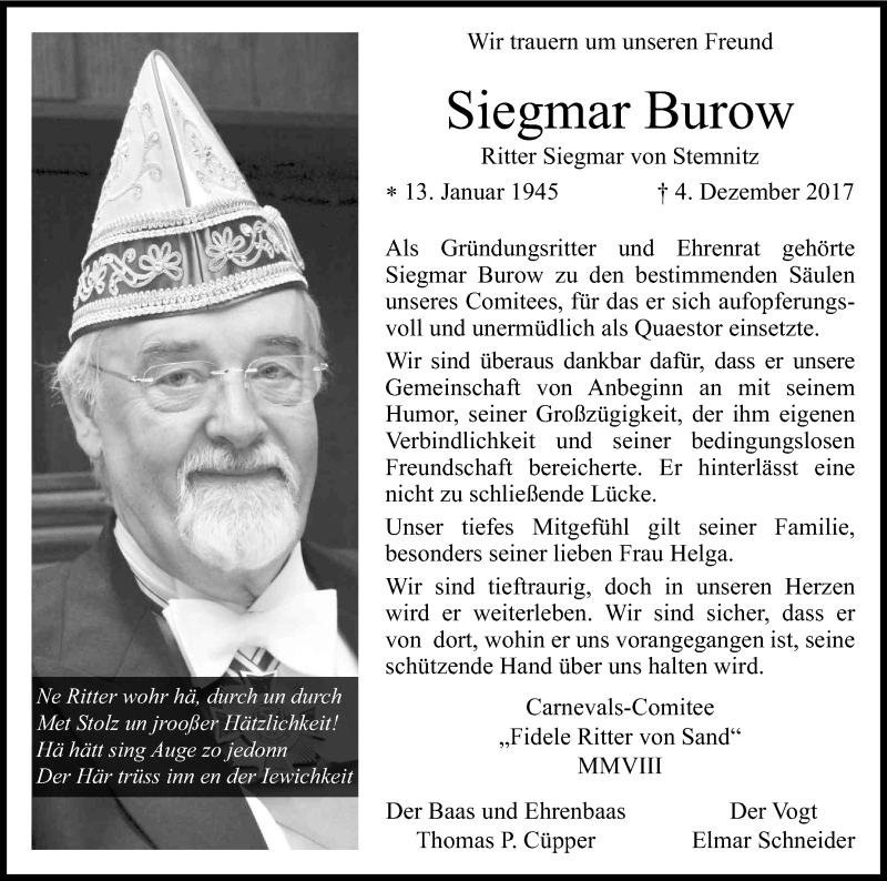  Traueranzeige für Siegmar Burow vom 08.12.2017 aus Kölner Stadt-Anzeiger / Kölnische Rundschau / Express