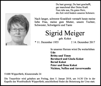 Anzeige von Sigrid Meiger von Kölner Stadt-Anzeiger / Kölnische Rundschau / Express