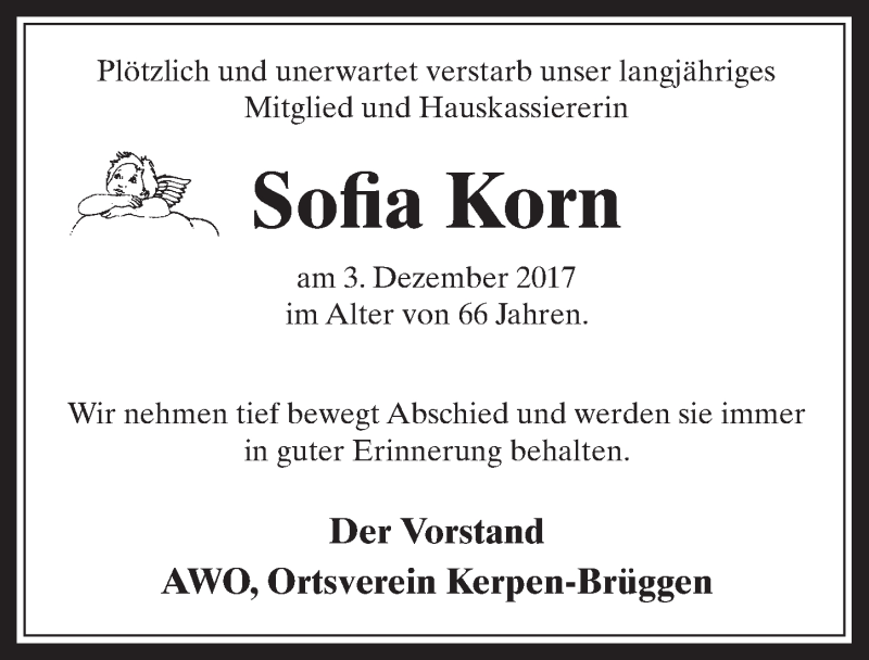  Traueranzeige für Sofia Korn vom 13.12.2017 aus  Werbepost 
