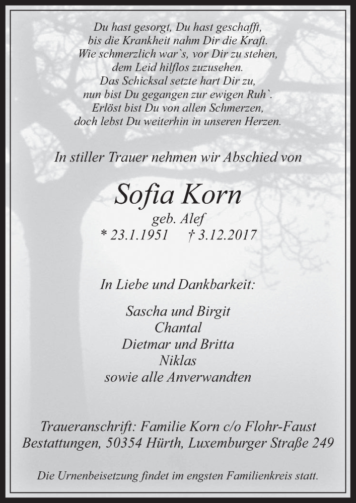  Traueranzeige für Sofia Korn vom 06.12.2017 aus  Werbepost 