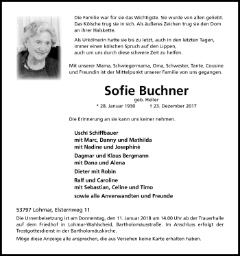 Anzeige von Sofie Buchner von Kölner Stadt-Anzeiger / Kölnische Rundschau / Express