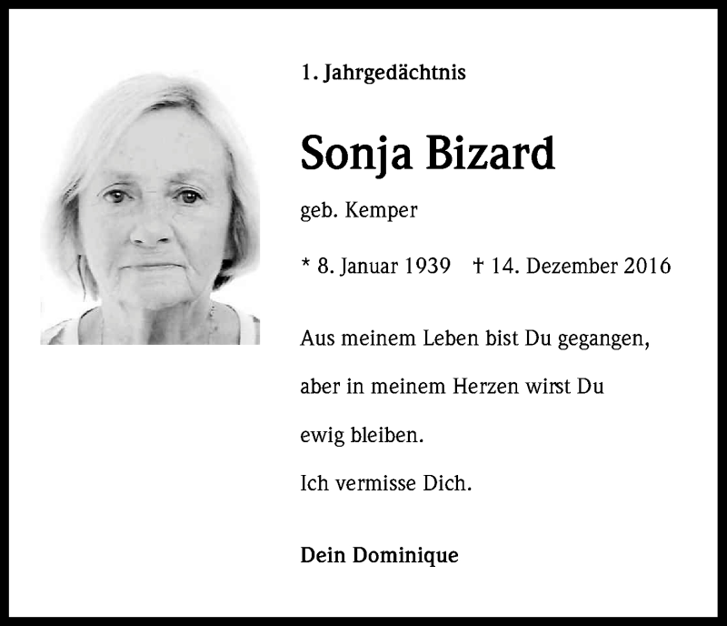  Traueranzeige für Sonja Bizard vom 14.12.2017 aus Kölner Stadt-Anzeiger / Kölnische Rundschau / Express