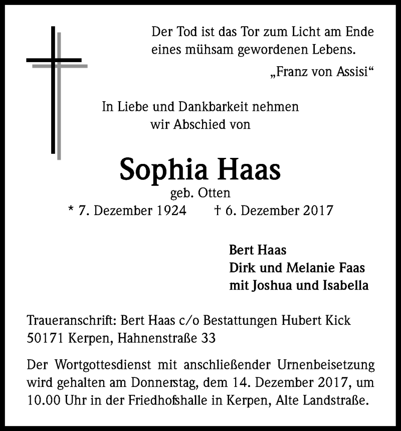  Traueranzeige für Sophia Haas vom 09.12.2017 aus Kölner Stadt-Anzeiger / Kölnische Rundschau / Express
