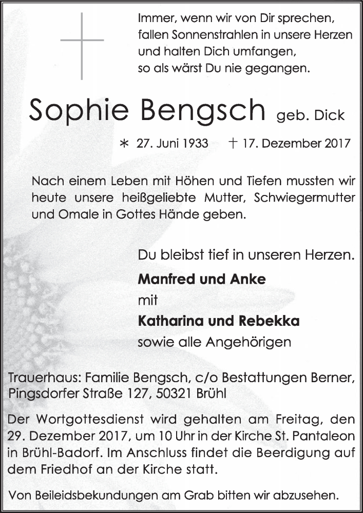  Traueranzeige für Sophie  Bengsch vom 28.12.2017 aus  Schlossbote/Werbekurier 