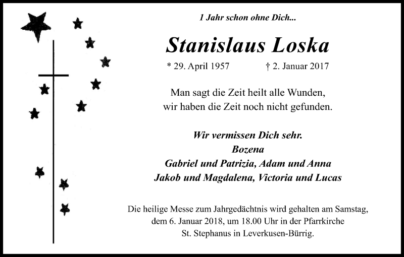  Traueranzeige für Stanislaus Loska vom 23.12.2017 aus Kölner Stadt-Anzeiger / Kölnische Rundschau / Express