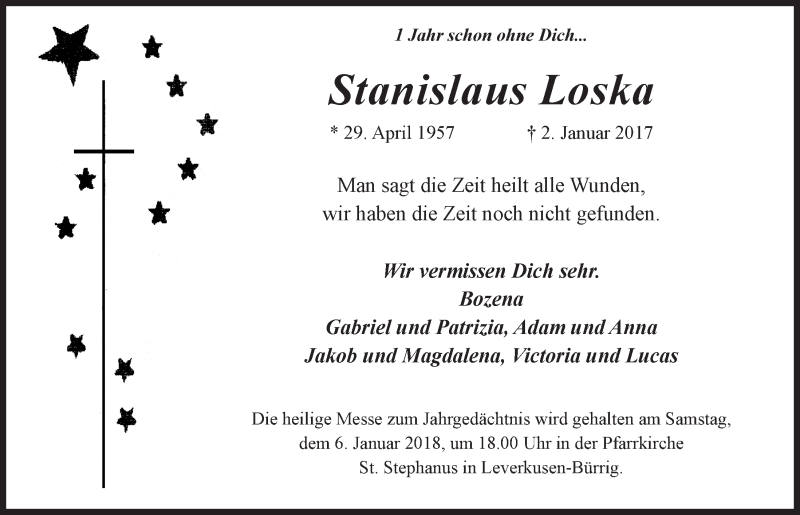  Traueranzeige für Stanislaus Loska vom 28.12.2017 aus  Lokale Informationen 