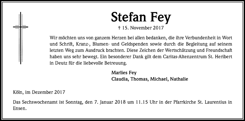  Traueranzeige für Stefan Fey vom 20.12.2017 aus Kölner Stadt-Anzeiger / Kölnische Rundschau / Express