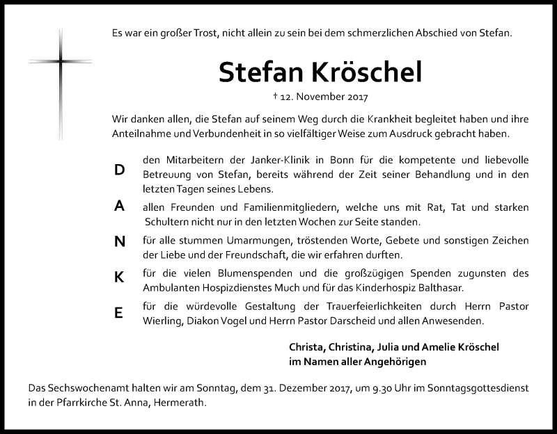  Traueranzeige für Stefan Kröschel vom 20.12.2017 aus Kölner Stadt-Anzeiger / Kölnische Rundschau / Express