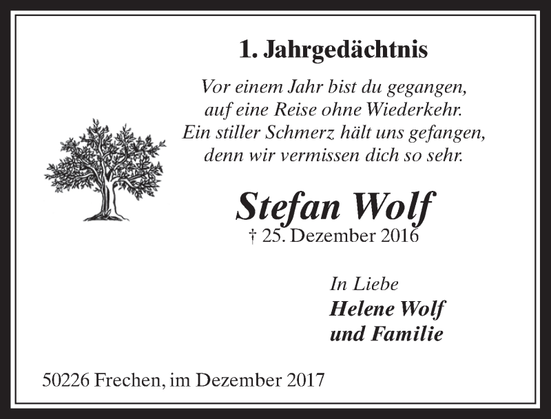  Traueranzeige für Stefan Wolf vom 20.12.2017 aus  Wochenende 