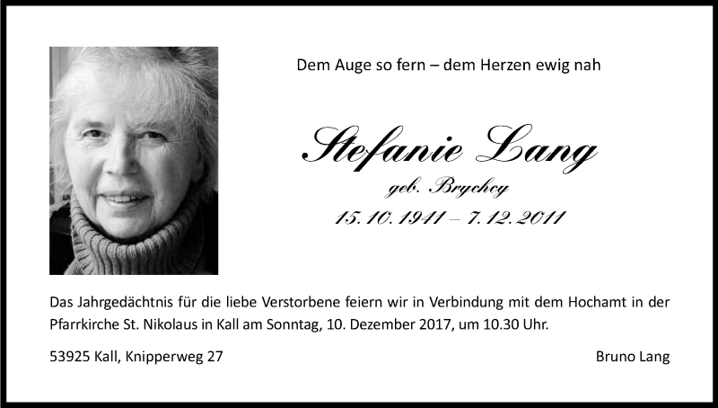  Traueranzeige für Stefanie Lang vom 07.12.2017 aus Kölner Stadt-Anzeiger / Kölnische Rundschau / Express