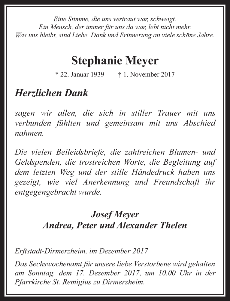  Traueranzeige für Stephanie Meyer vom 06.12.2017 aus  Werbepost 
