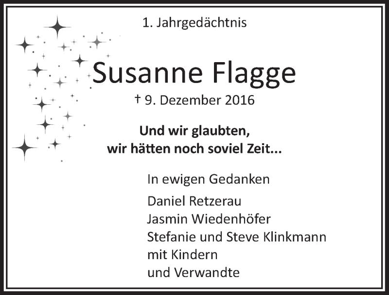  Traueranzeige für Susanne Flagge vom 13.12.2017 aus  Anzeigen Echo 