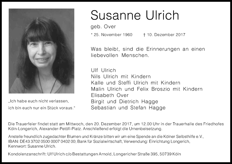  Traueranzeige für Susanne Ulrich vom 16.12.2017 aus Kölner Stadt-Anzeiger / Kölnische Rundschau / Express