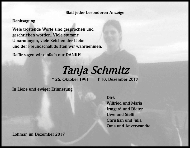  Traueranzeige für Tanja Schmitz vom 30.12.2017 aus Kölner Stadt-Anzeiger / Kölnische Rundschau / Express