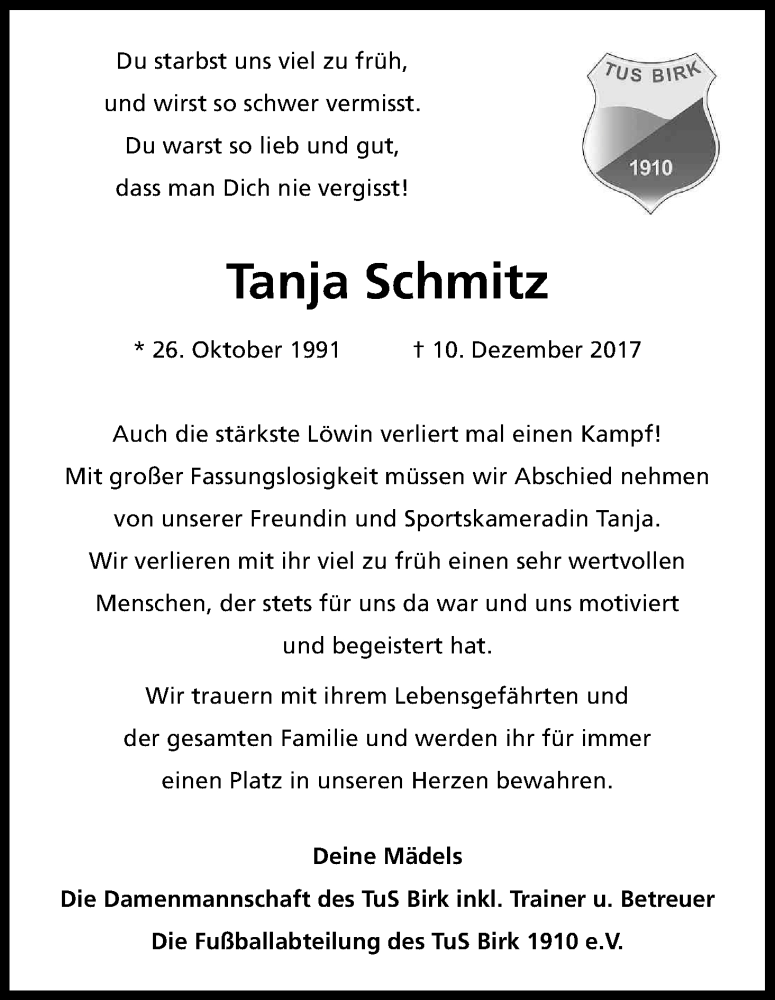  Traueranzeige für Tanja Schmitz vom 14.12.2017 aus Kölner Stadt-Anzeiger / Kölnische Rundschau / Express