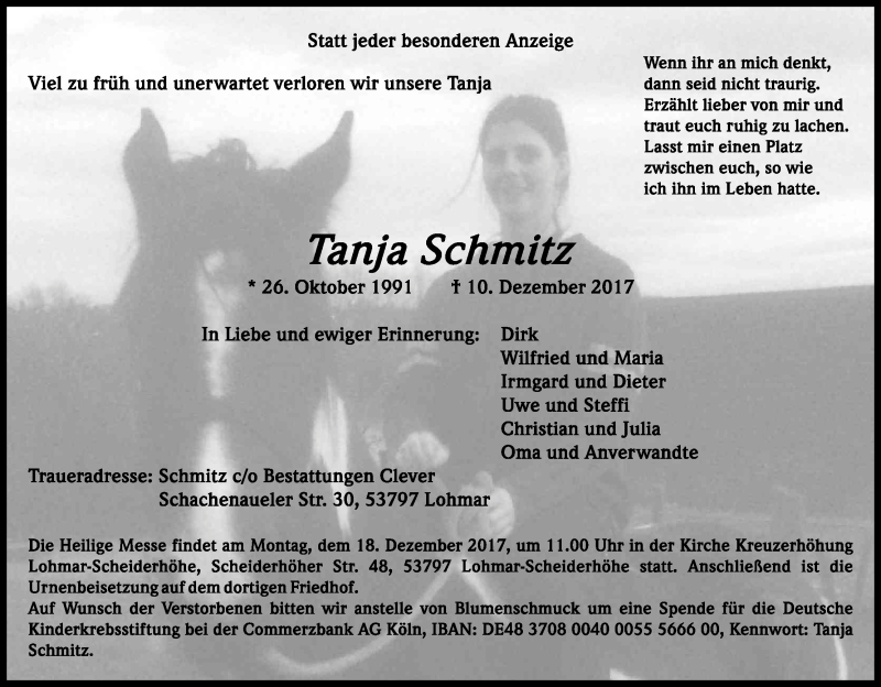 Traueranzeige für Tanja Schmitz vom 14.12.2017 aus Kölner Stadt-Anzeiger / Kölnische Rundschau / Express