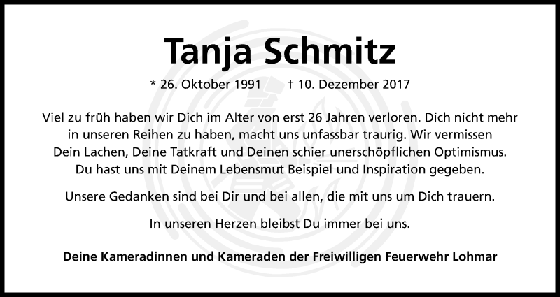  Traueranzeige für Tanja Schmitz vom 16.12.2017 aus Kölner Stadt-Anzeiger / Kölnische Rundschau / Express