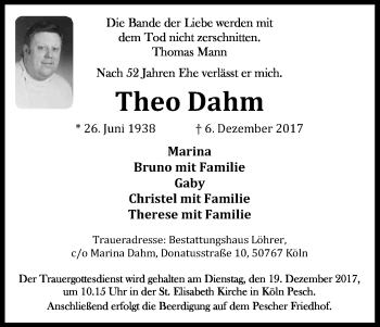 Anzeige von Theo Dahm von Kölner Stadt-Anzeiger / Kölnische Rundschau / Express