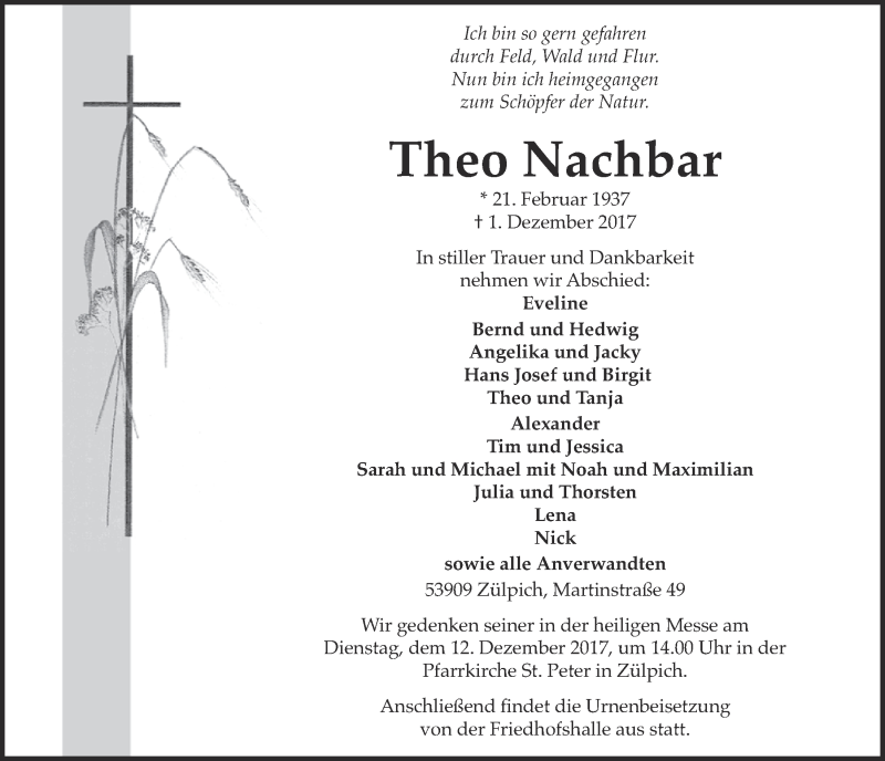  Traueranzeige für Theo Nachbar vom 09.12.2017 aus  Blickpunkt Euskirchen 